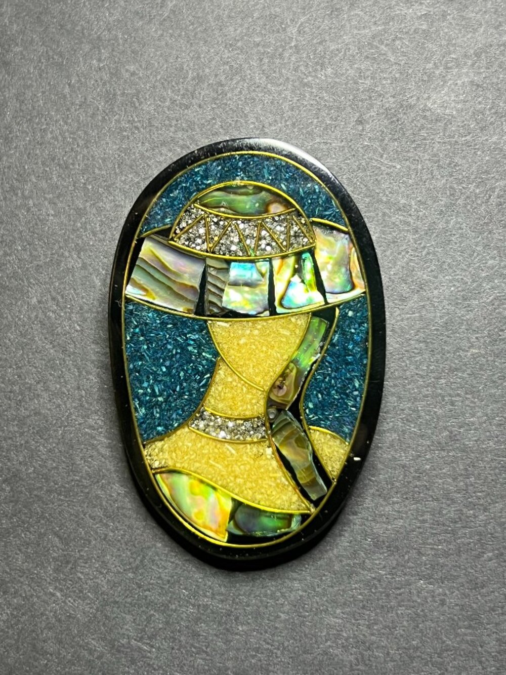 Vintage 1970s Art Deco Mosaic Abalone Shell Inlay Chic Lady w/ Hat Brooch